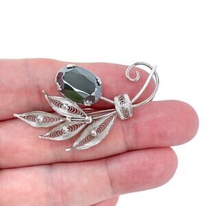 Hematite Leaf Brooch | Filigree Sorrento Pin | Sterling Silver 925 Vintage